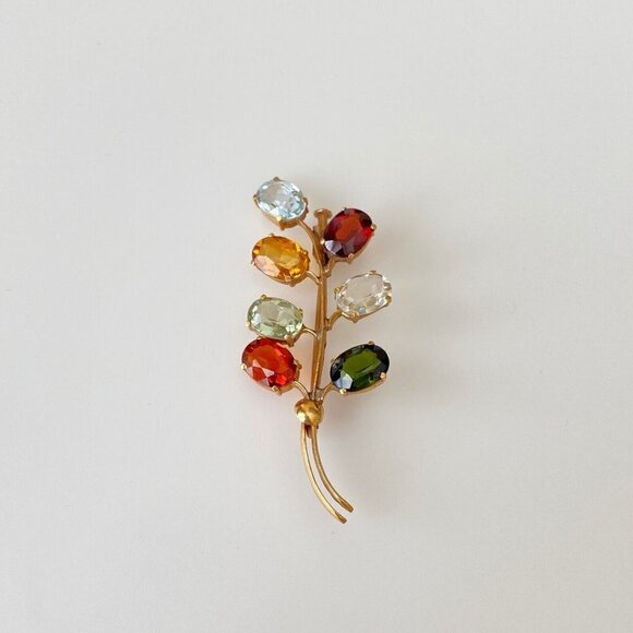 Vintage 14k Solid Yellow Gold Multi-Gemstone Floral Plant Brooch Pin - Picture 5 of 6